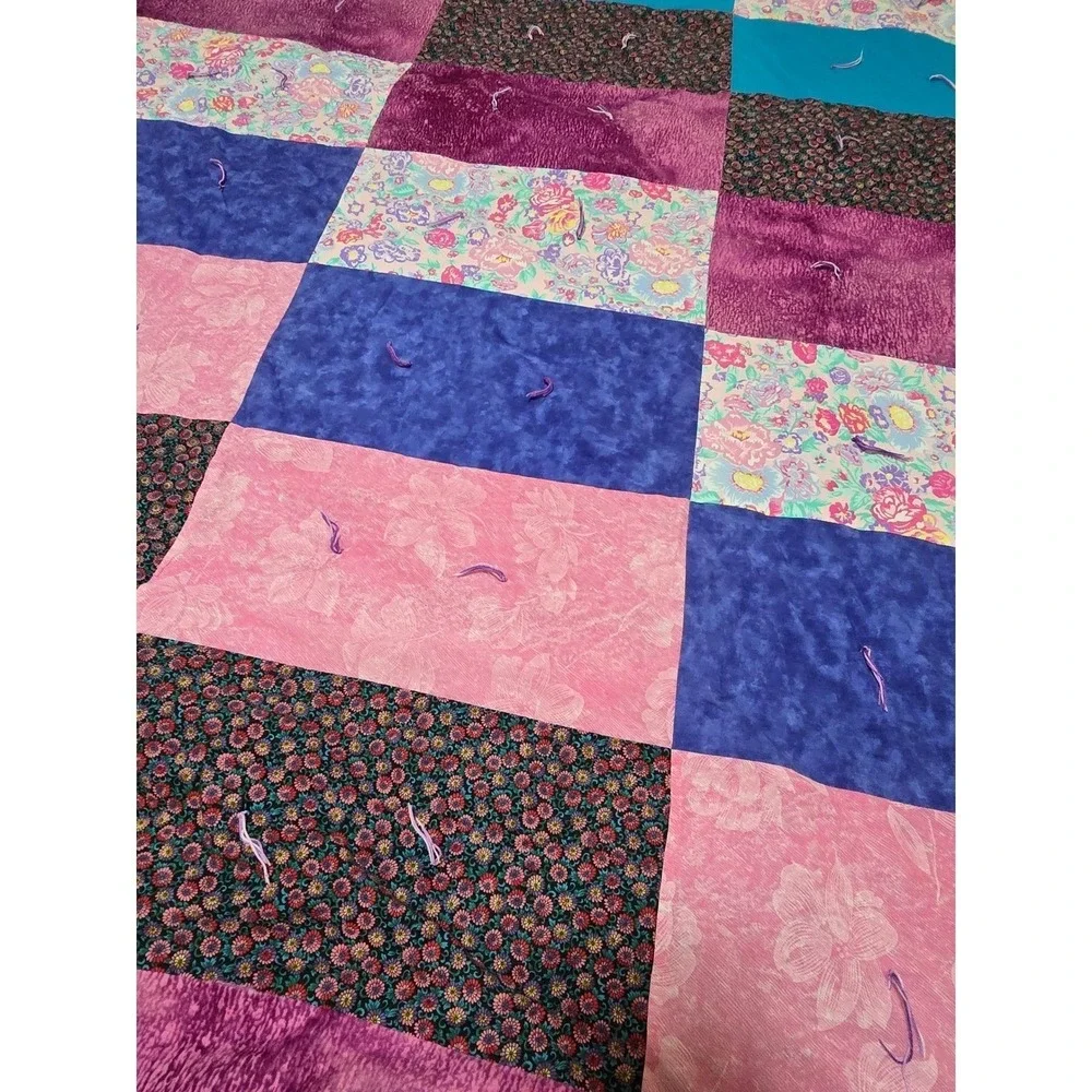 Handmade Patchwork Quilt Queen Cozy Pink‎ Blue Purple Cozy Throw Blanket /0193